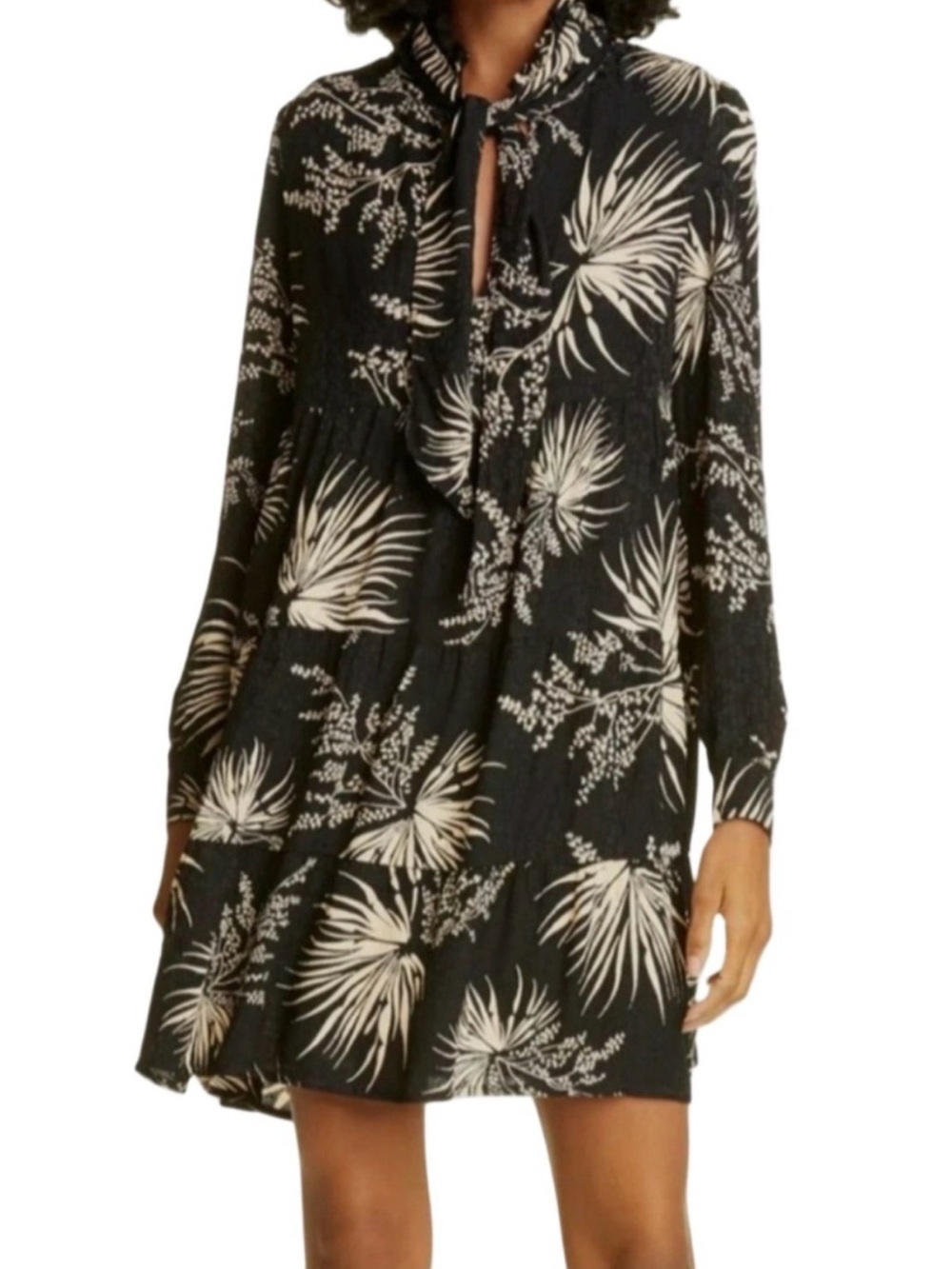 BA&SH Eugene Black & Cream Floral Tie-Neck Long Sleeve Dress